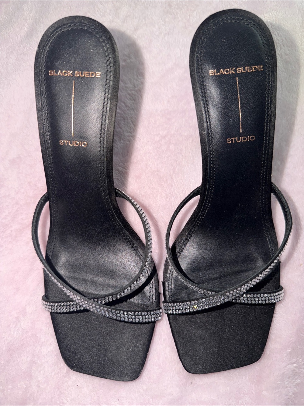 Black Suede Crystal-Strap Heeled Slides - Black Suede Studio